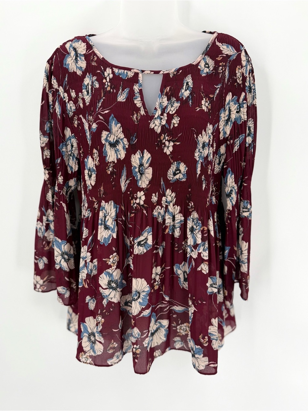 Floral & Ivy Blouse Women’s L Burgundy Floral Chiffon Long Slv Crinkle Pleat Top